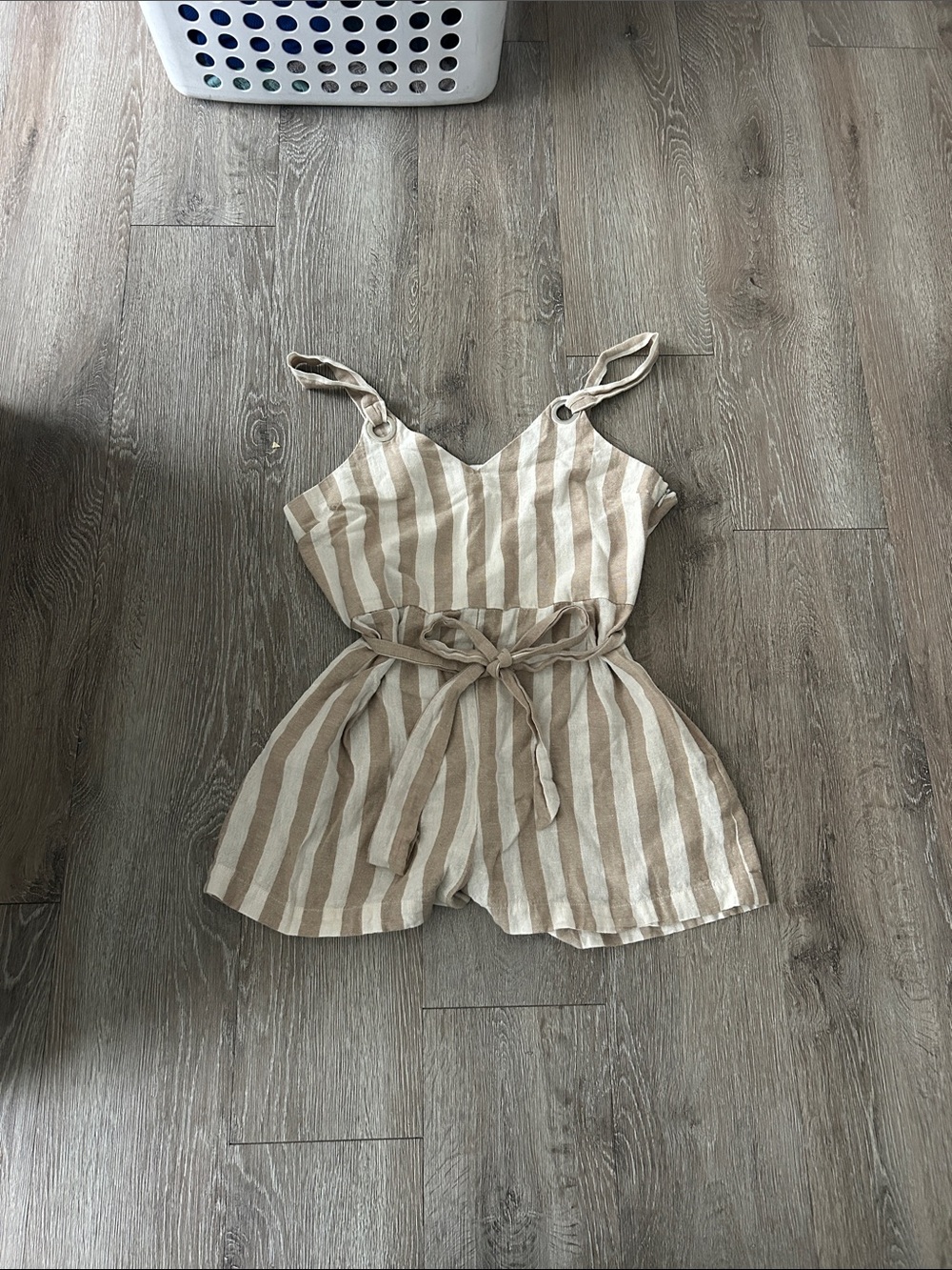 Striped Beige & White Tie-Waist Romper - Lightweight Summer Jumpsuit